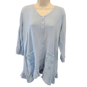 Soft surroundings ramie crinkle guaze light blue pocket 3/4 sleeve tunic top M